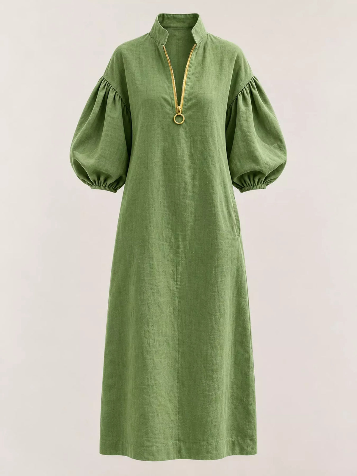 Army green midi dress front view with half-zip and gathered puff sleeves