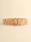 Multicolored wide belt with oval gold buckle and woven multicolor strap