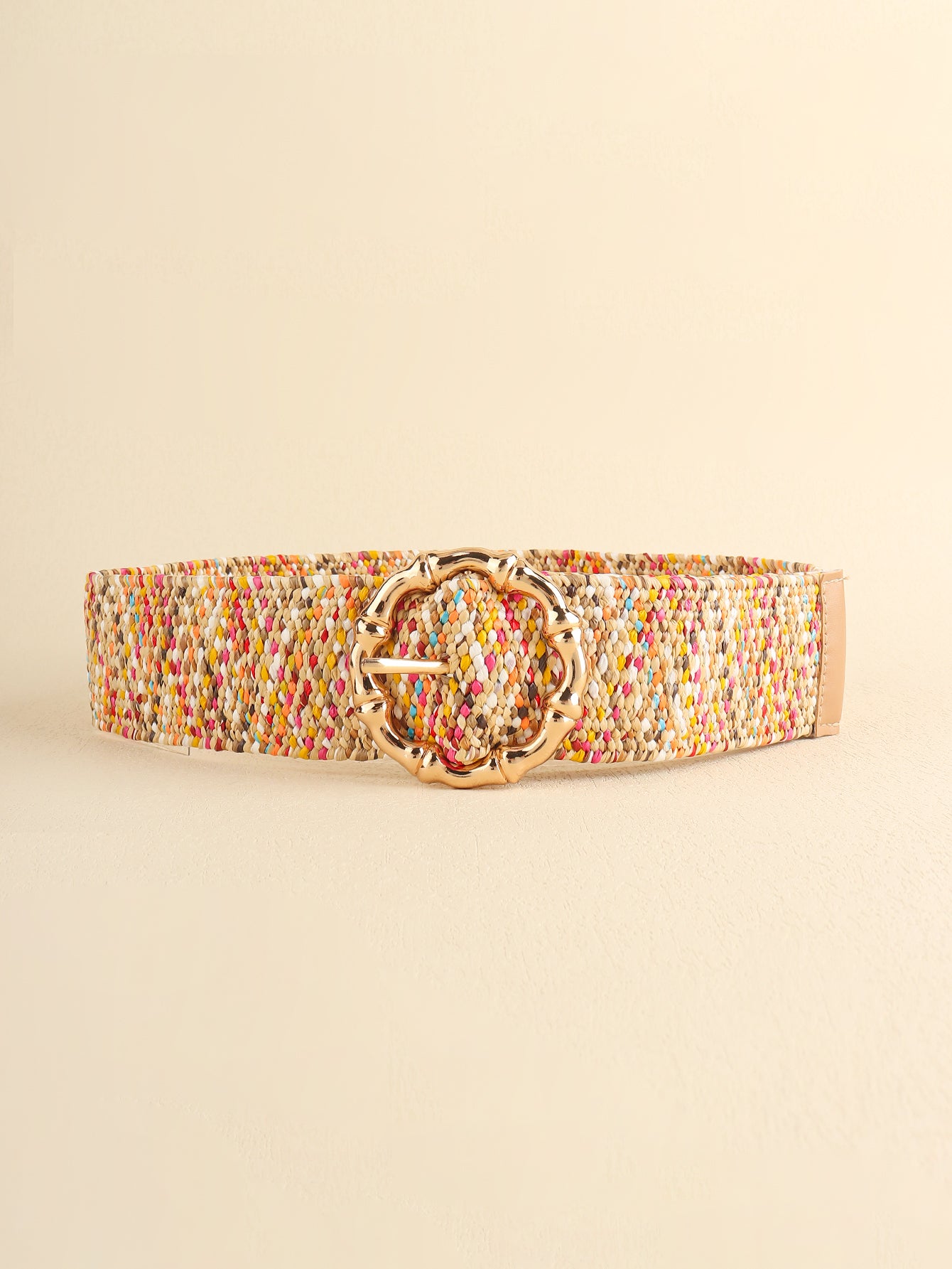 Multicolored wide belt with oval gold buckle and woven multicolor strap