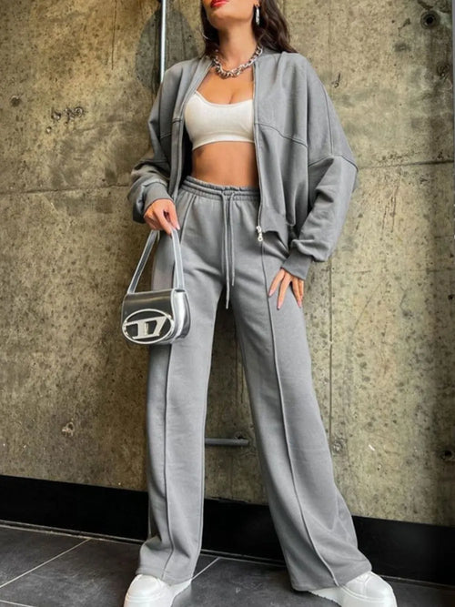 Gray zip-up baseball collar top with drawstring pants set, front view