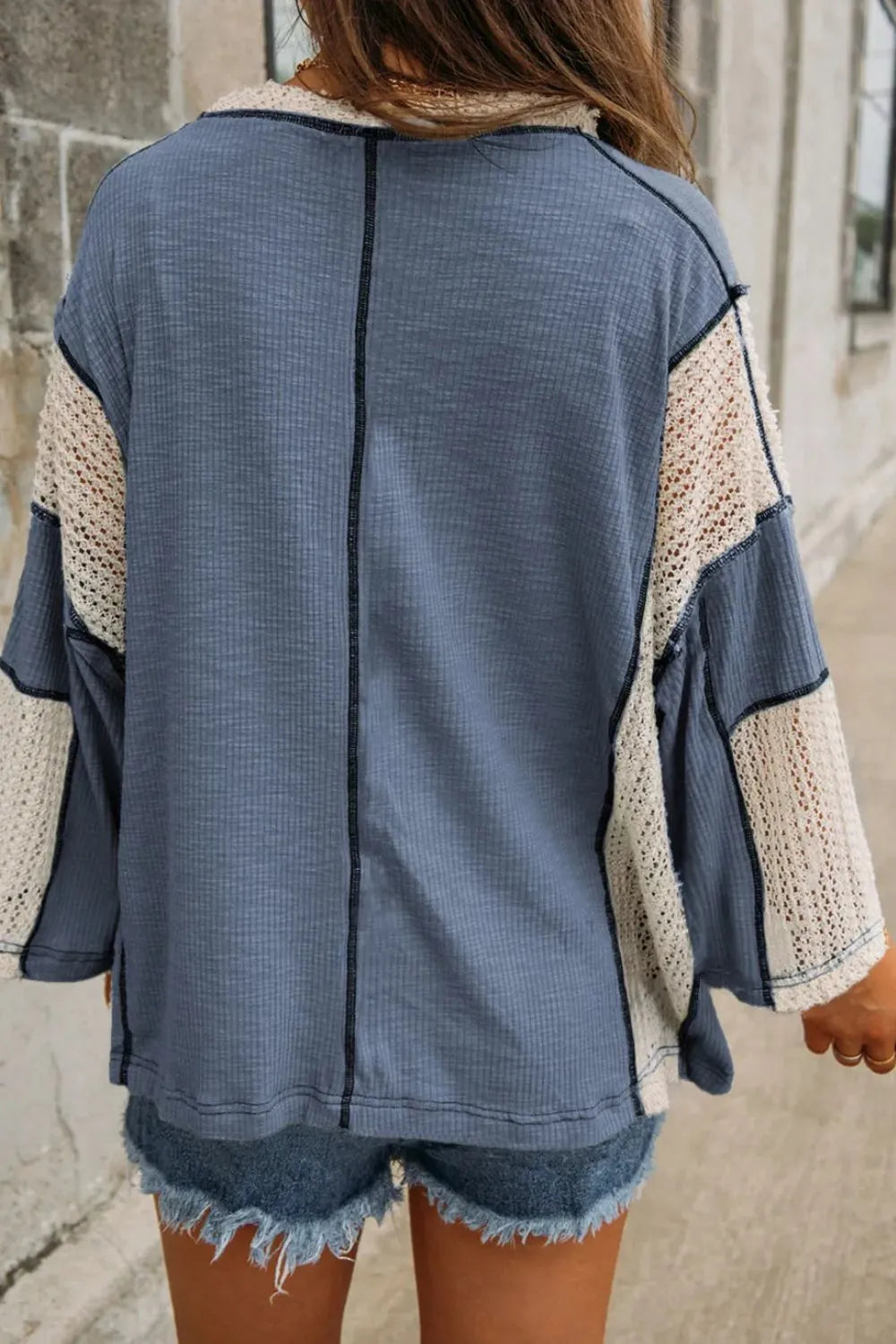 Dusty Blue lace trim contrast V-neck long sleeve blouse, back view with vertical seam
