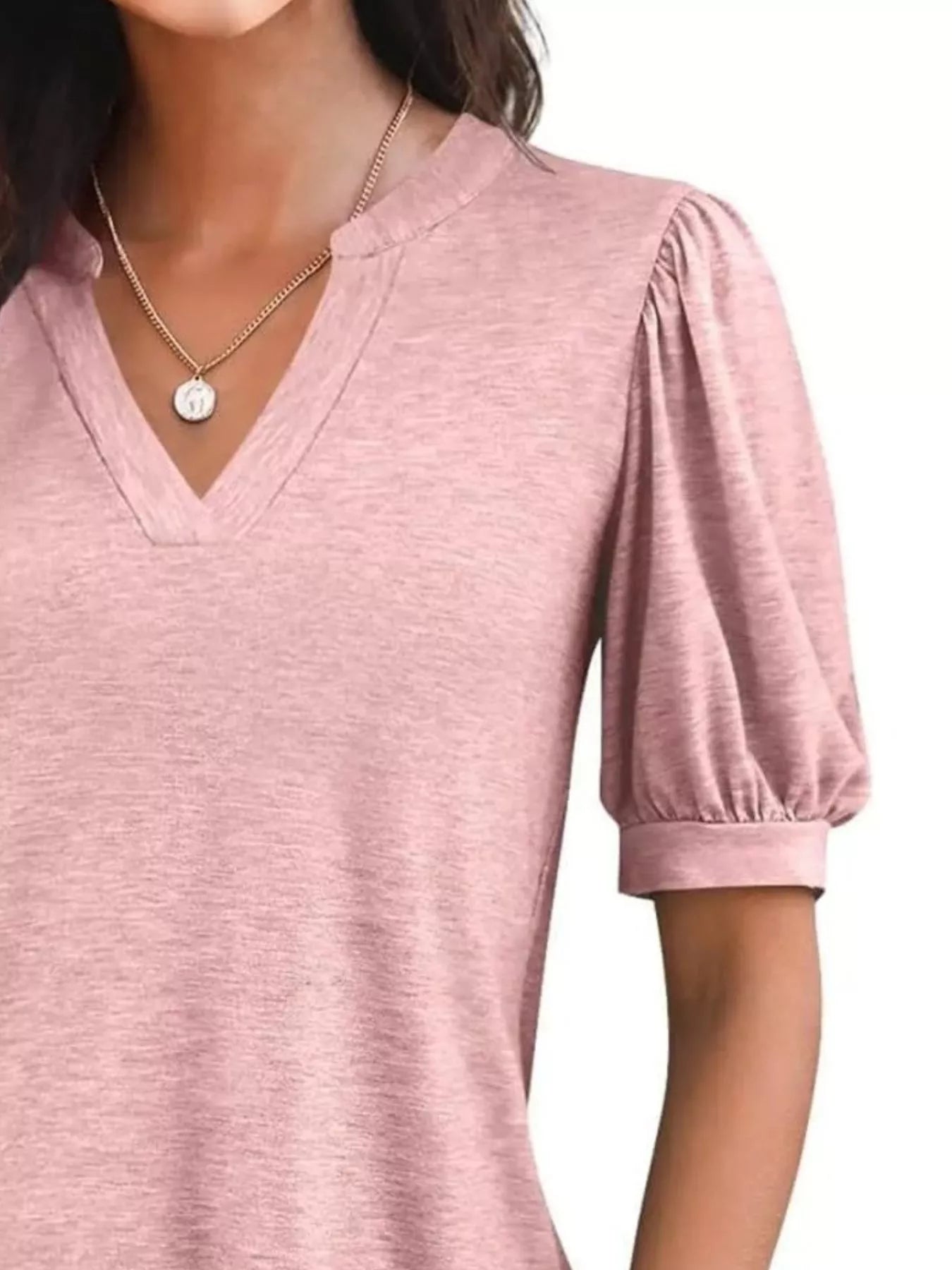 Cedar & Moore Puff Sleeve Notched Casual T-Shirt in dusty pink with V-neck and puff sleeves