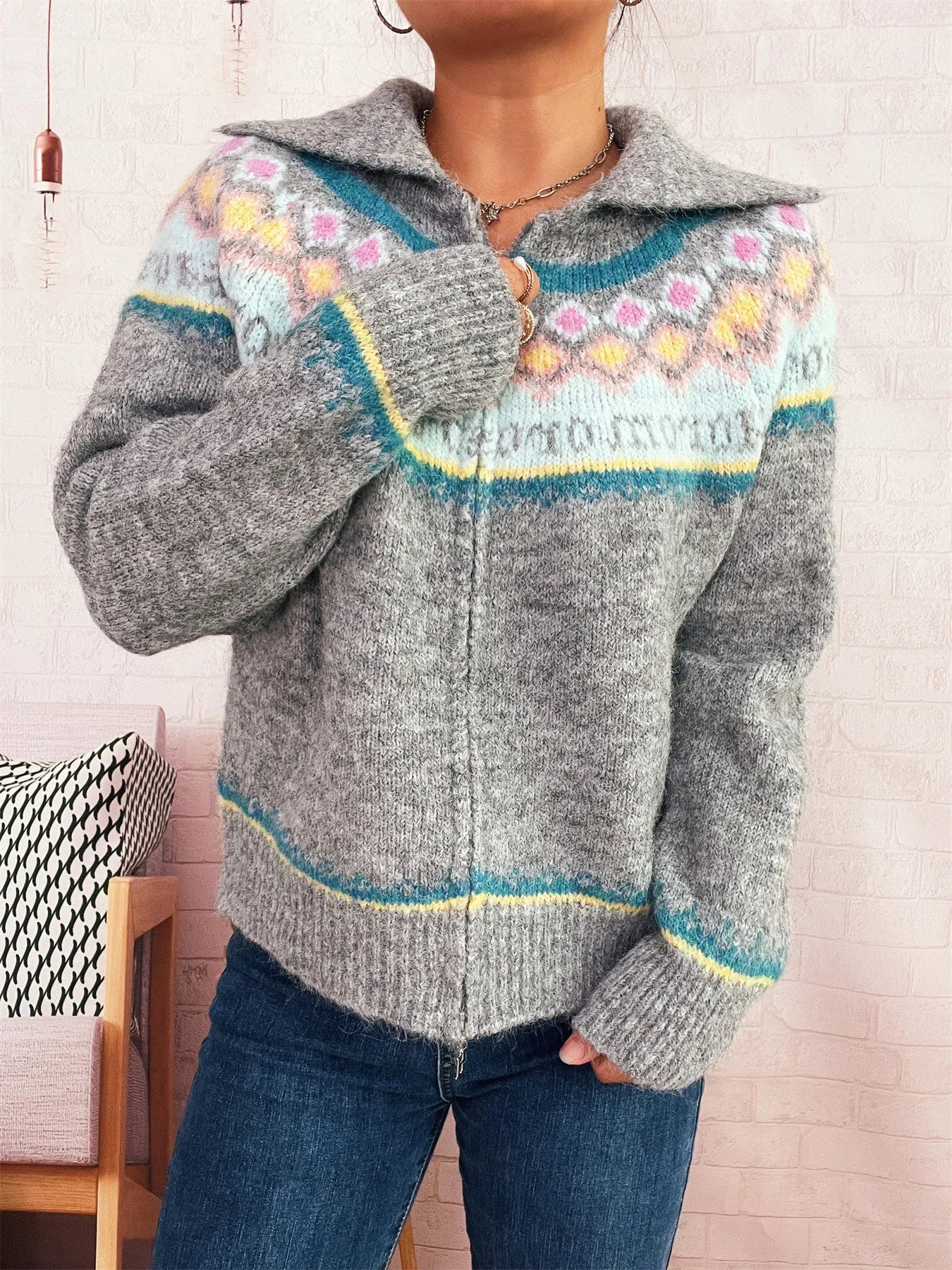 Gray zip-up cardigan with Fair Isle yoke pattern, hooded collar, long sleeves