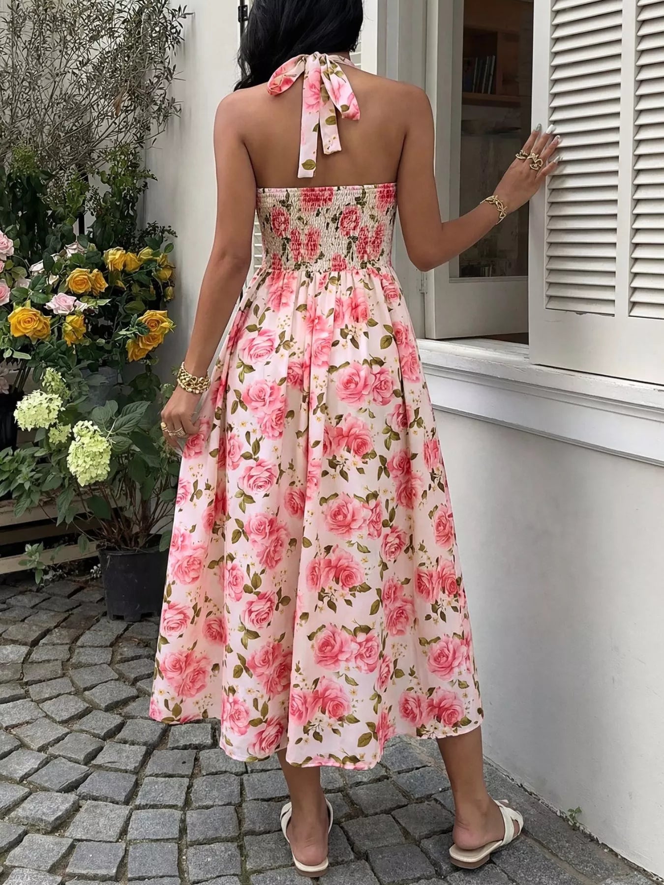 Cedar & Moore floral print halter neck midi dress with pink roses, smocked waist