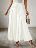 White tied-waist wide-leg pants with front tie and flowing pleats