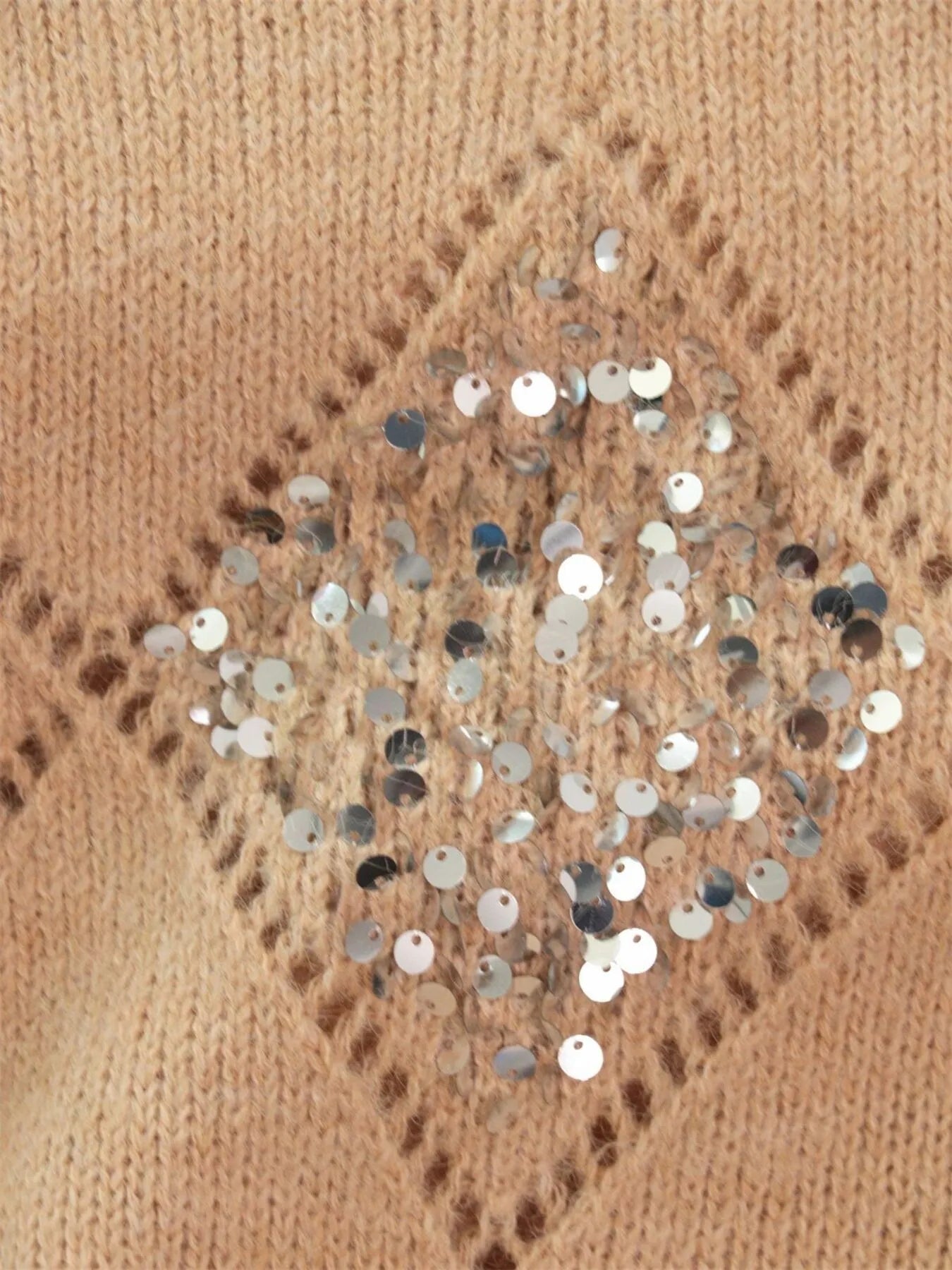Khaki knit sweater with large central sequined diamond pattern