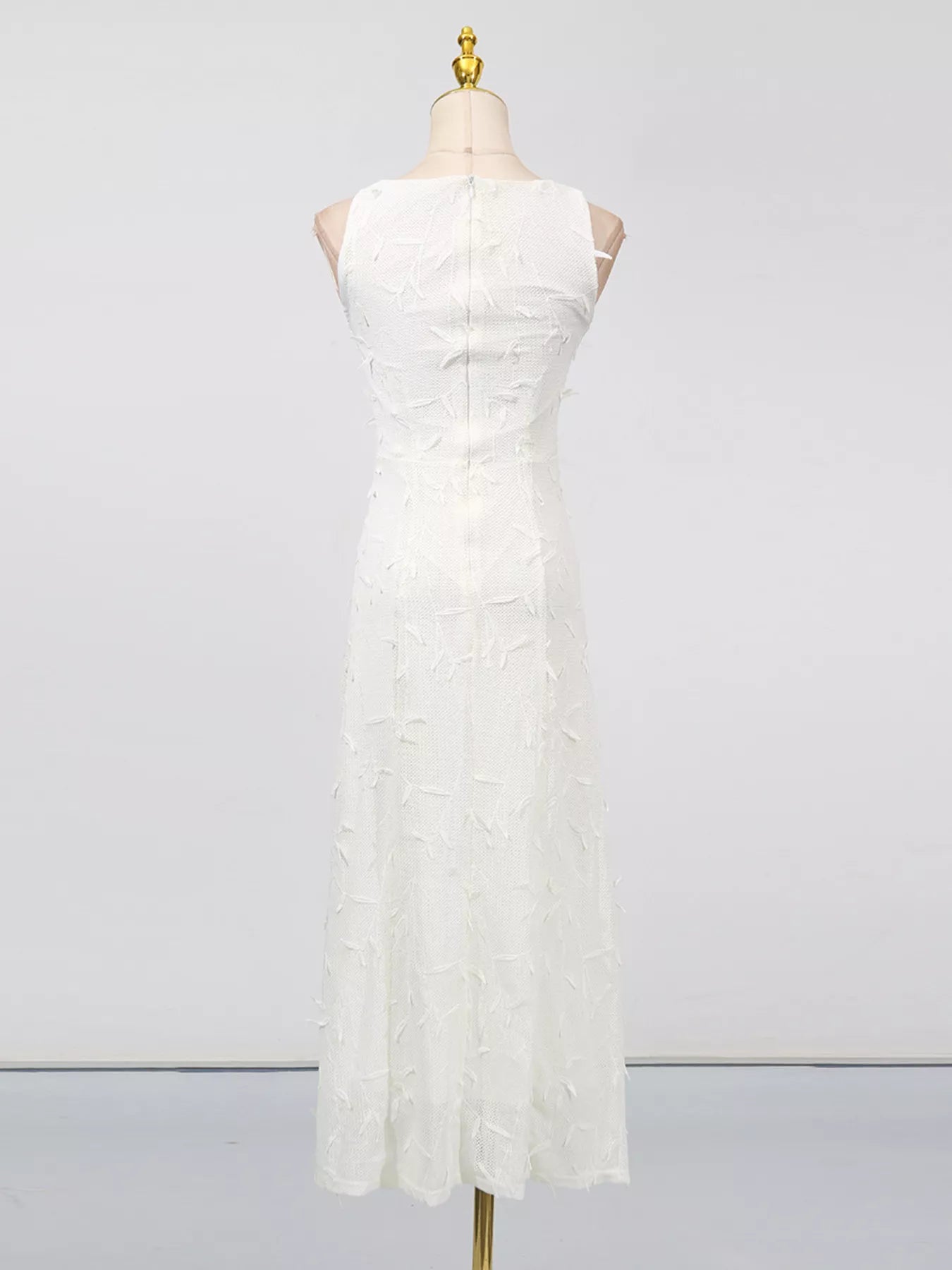 Cedar & Moore Sleeveless Floral Applique Midi Dress, white with textured floral details, back zipper