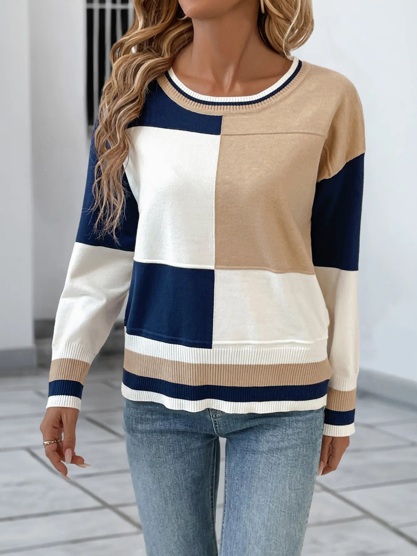 Color block round-neck sweater with ribbed hem and cuffs in navy, white, and beige