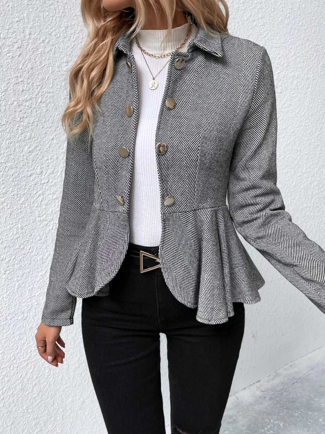 Gray collared blazer with ruffle peplum hem and gold button front