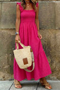 Deep rose square-neck fit-and-flared sundress with ruffle straps and checkered pattern