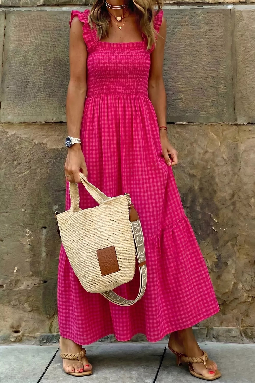 Deep rose square-neck fit-and-flared sundress with ruffle straps and checkered pattern