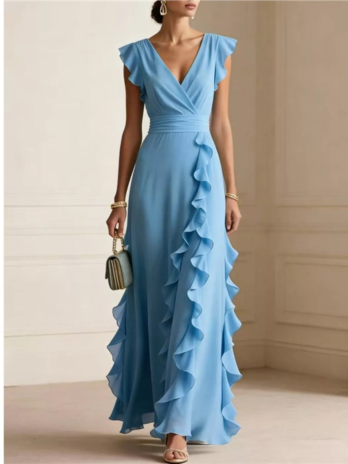 Sky blue sleeveless maxi dress with ruffled high waist and V-neck wrap bodice