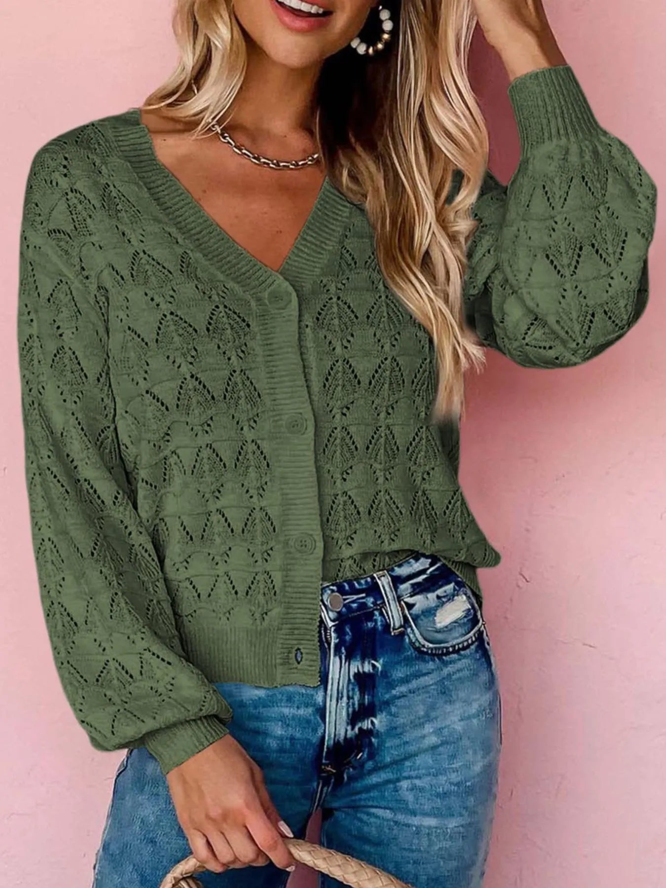 Dark green openwork cardigan with V-neck, button front, long sleeves