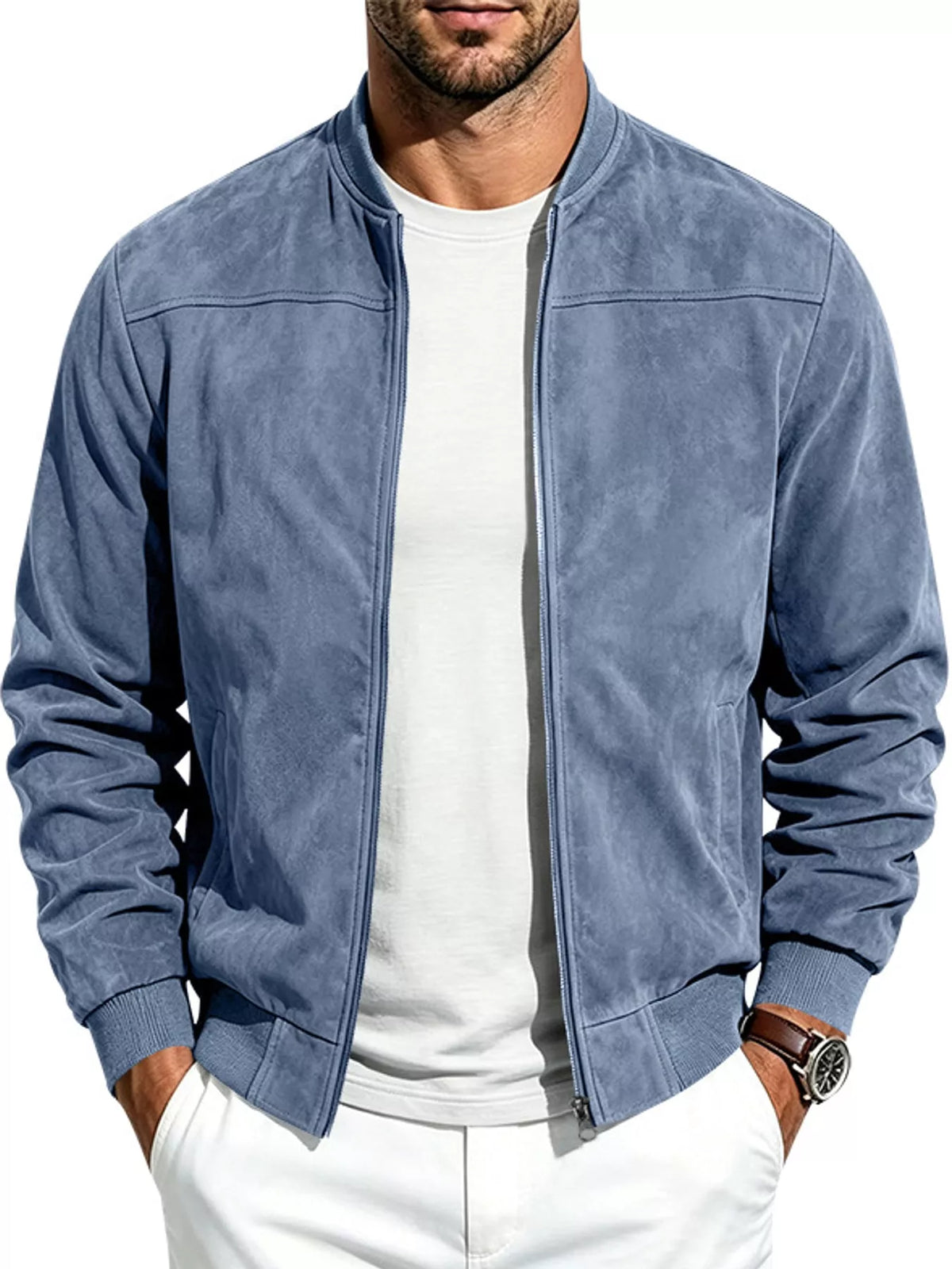 Men's light blue zip-up suede-style jacket, stand collar, front zipper, classic fit