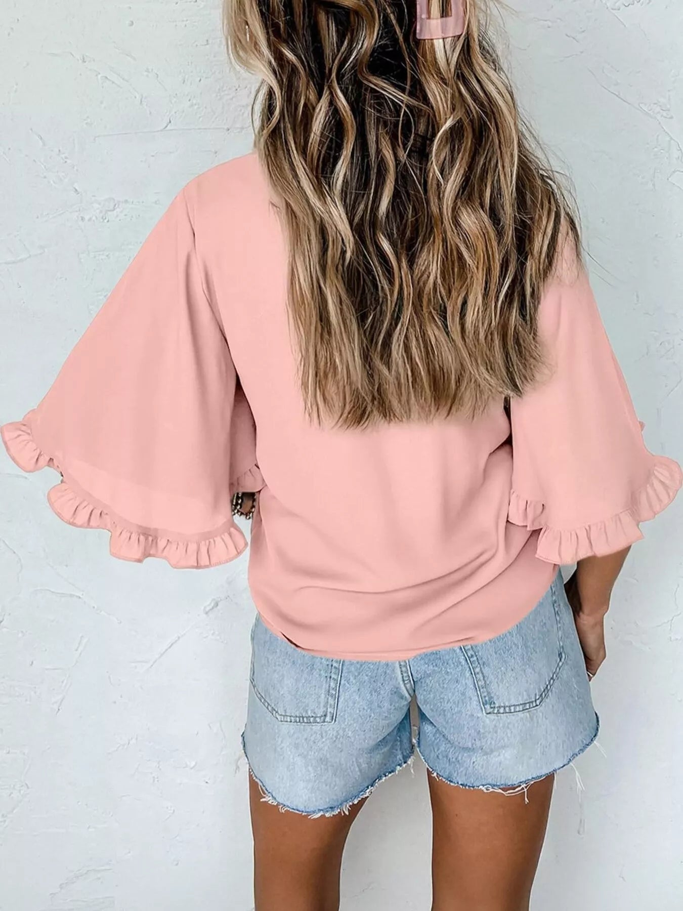 Ruffle Trim Half Sleeve Blouse in blush pink with flutter sleeves; two-piece outfit with denim shorts.