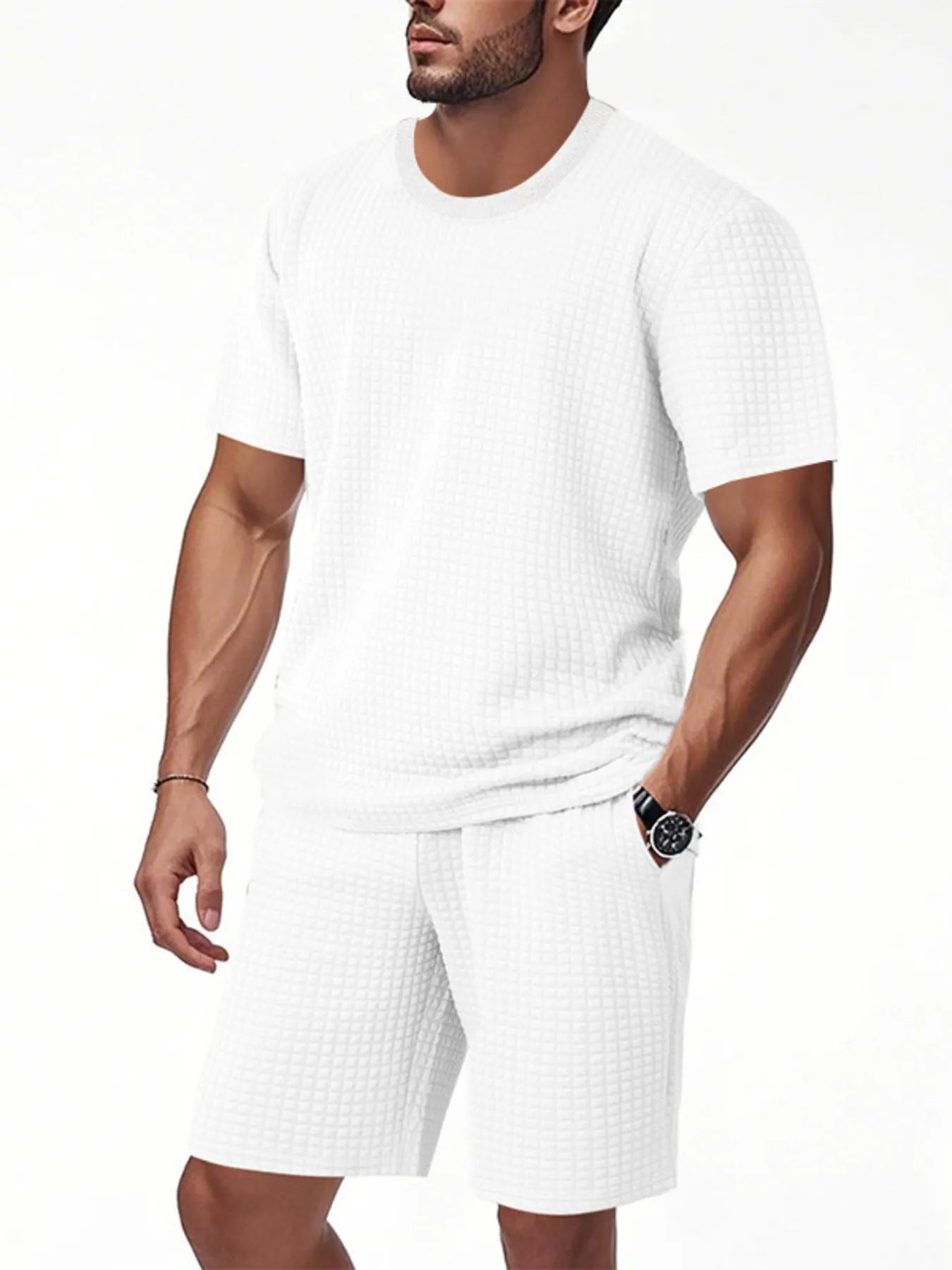 Textured white men's round-neck short-sleeve top and matching shorts set