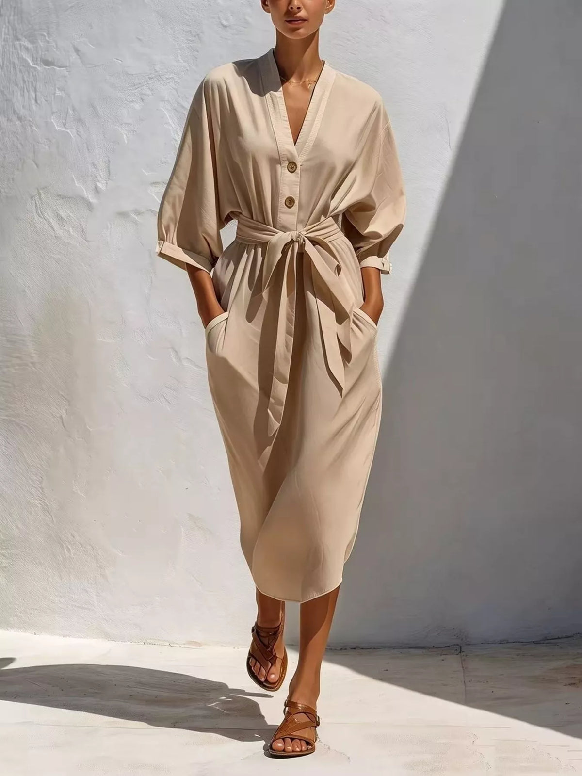 Cream tie-waist V-neck midi dress with pockets, button-front and waist tie