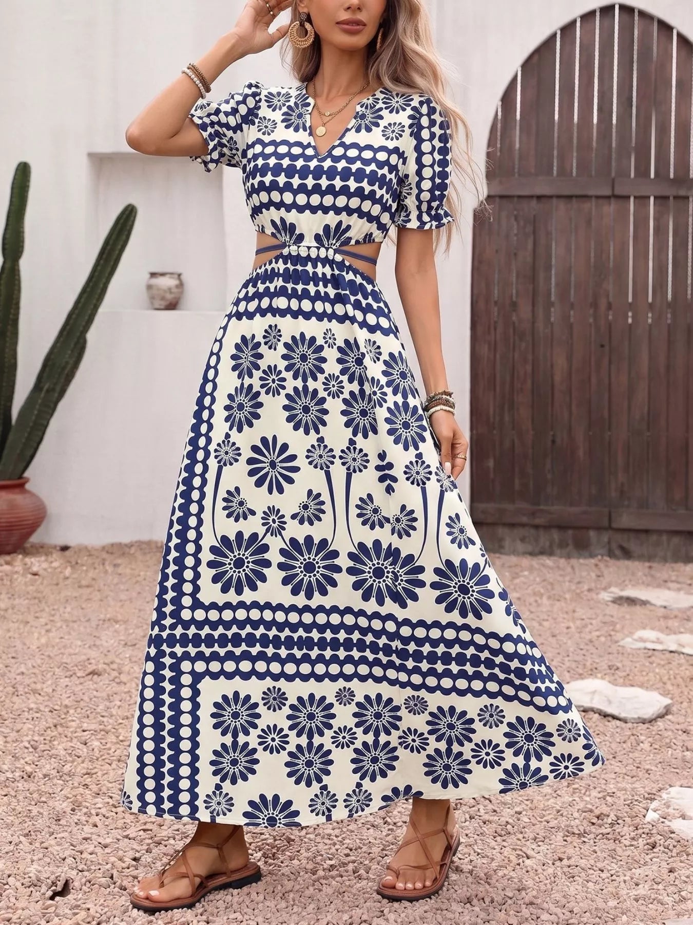 Cedar & Moore Floral Print Cutout Waist Maxi Dress, navy/white, with slit, by Trendsi