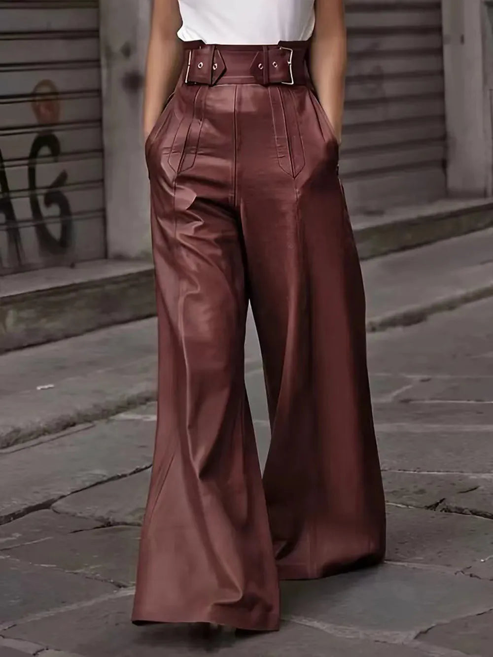 Burgundy wide-leg pants with half elastic waist and front belt buckle