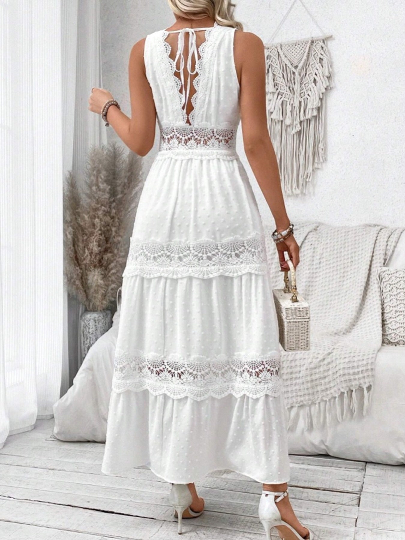 Cedar & Moore Full Size Lace Tied Swiss Dot Sleeveless Maxi Dress, white, plus size.