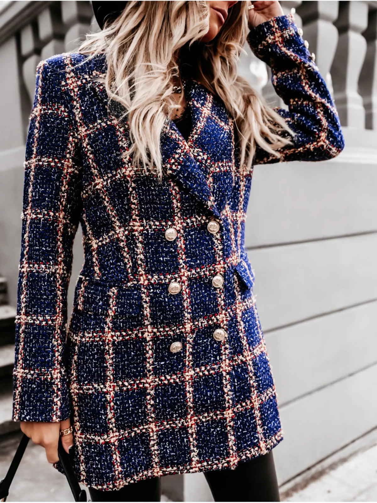 Plaid tweed double-breasted coat with button front and long sleeves, blue and rust check