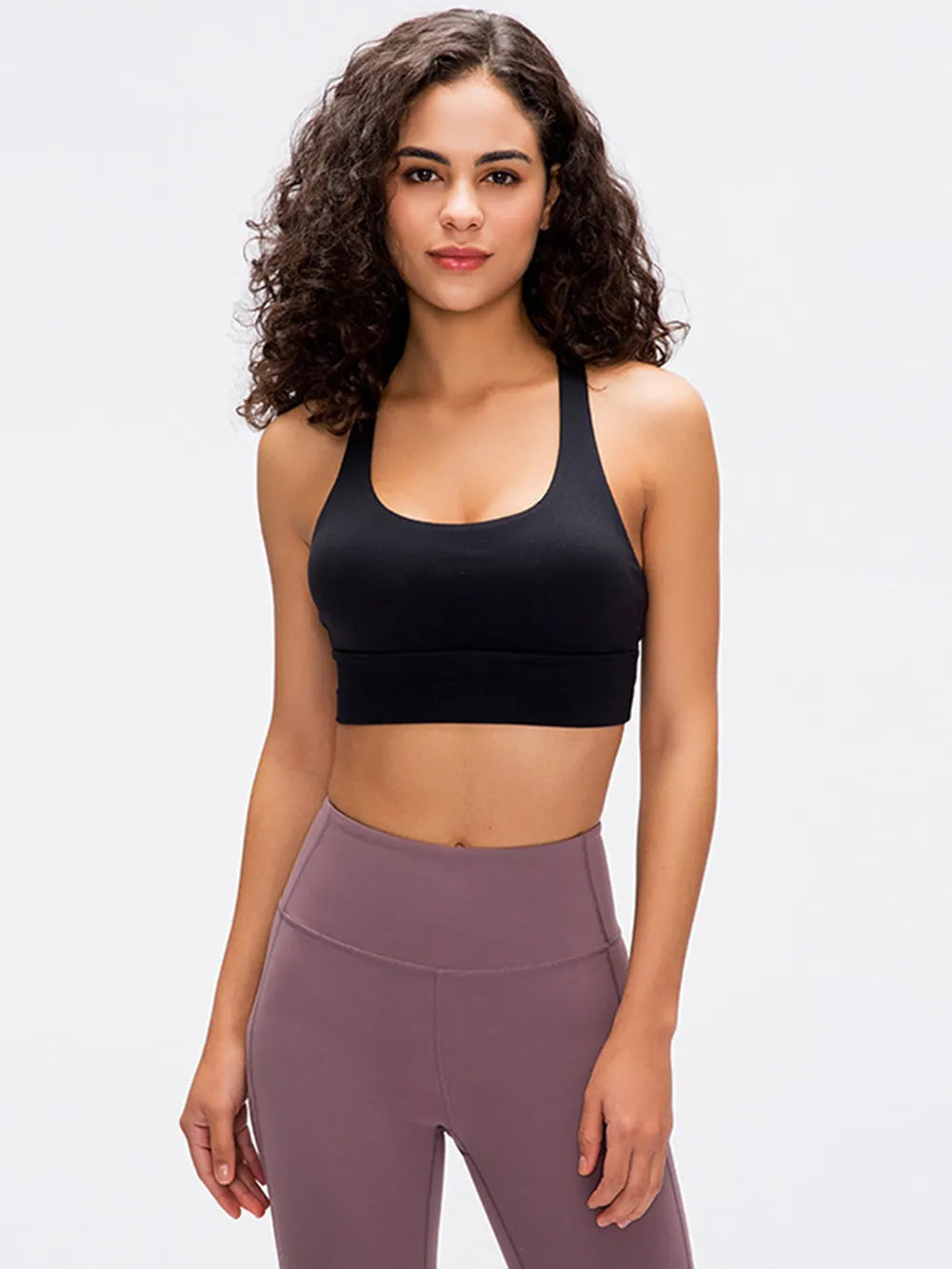 Black active tank with scoop neck and wide underband