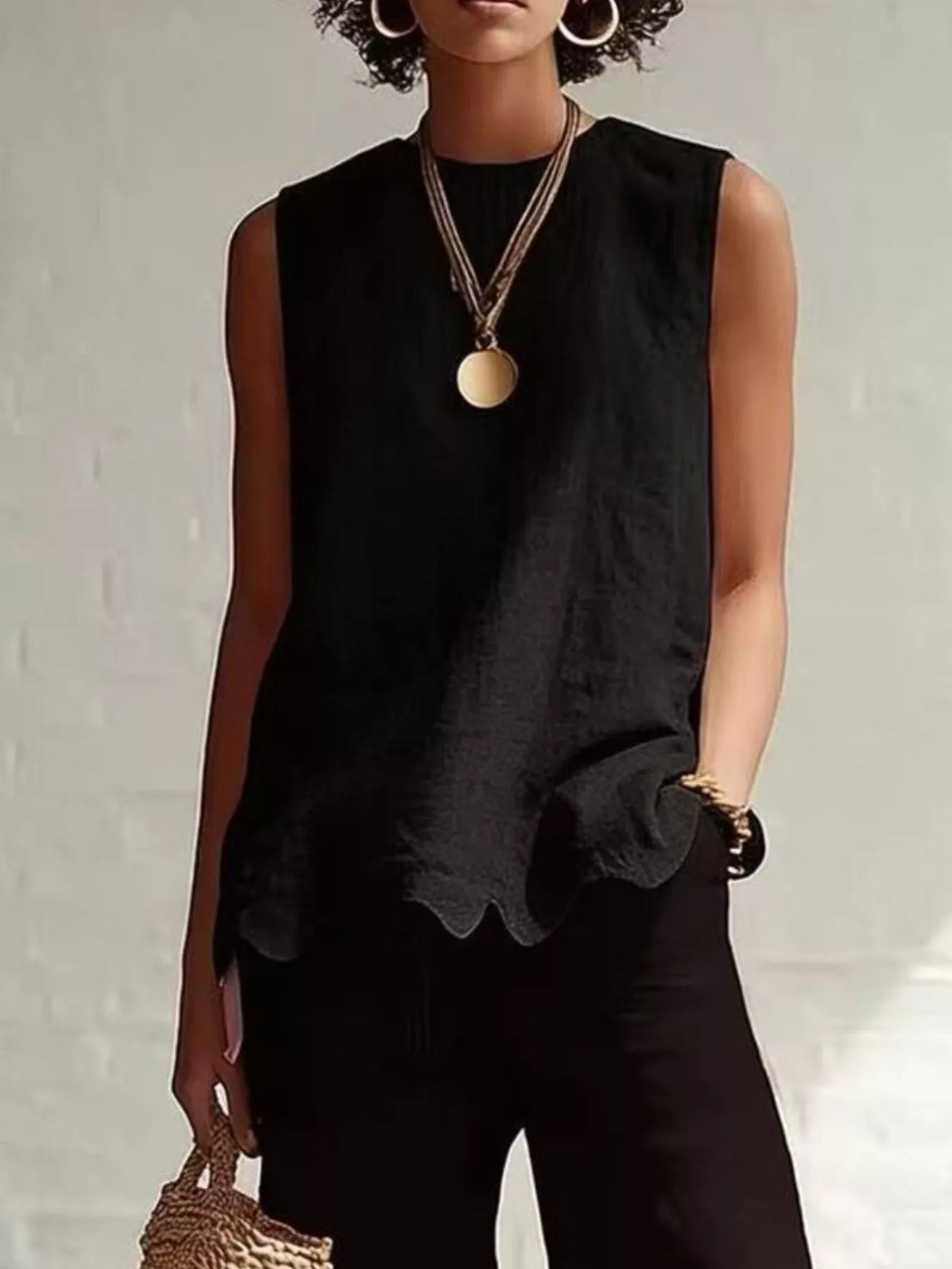 Plus size sleeveless tank top, scalloped hem, black solid knit