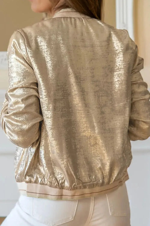 Tan metallic zip-up baseball jacket with ribbed hem and stand collar, back view