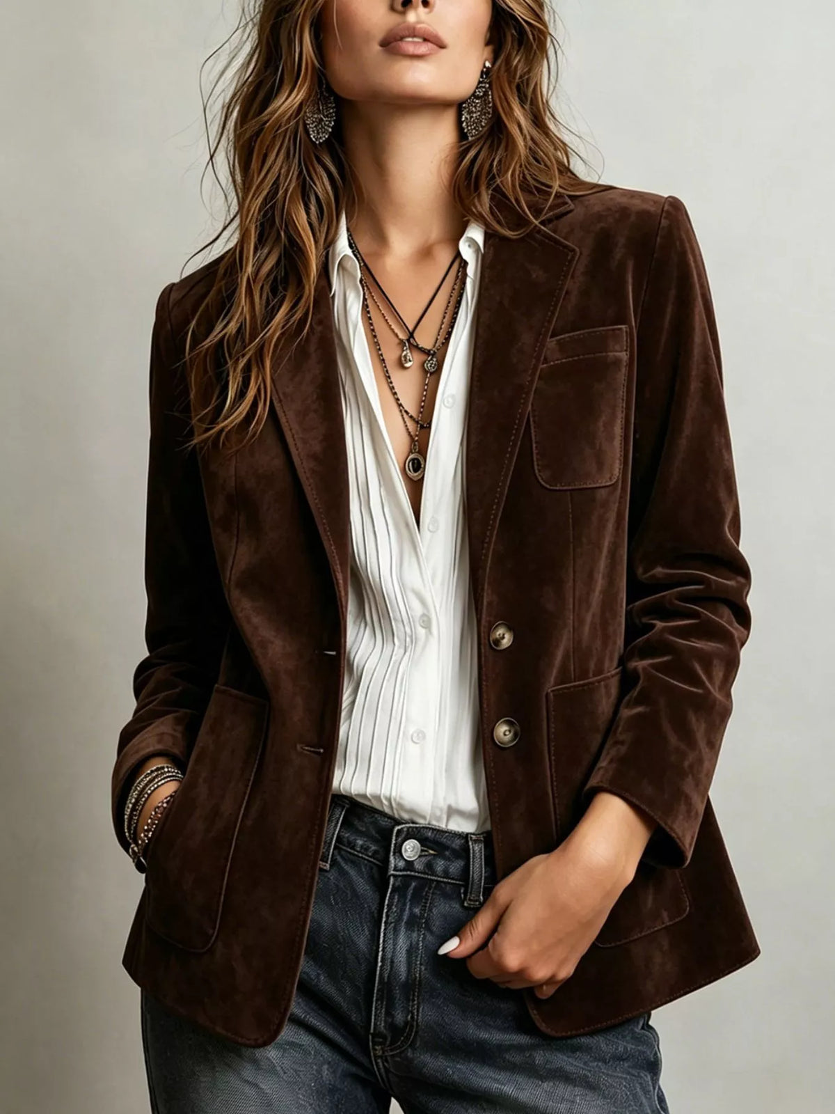 Dark brown suede single-breasted blazer with notched lapels and chest pocket