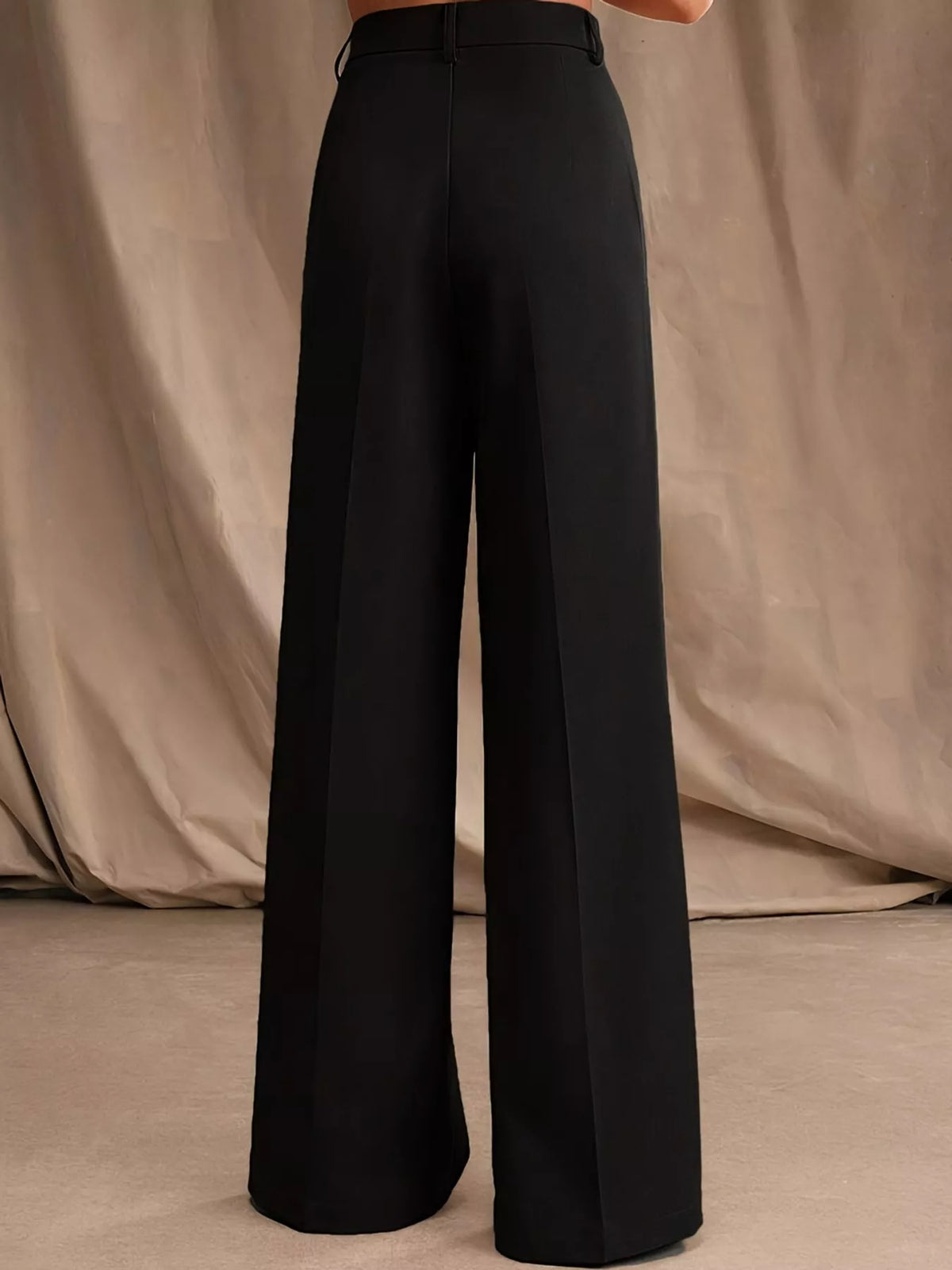 Black high-waisted pleated wide-leg pants, rear view with waistband button