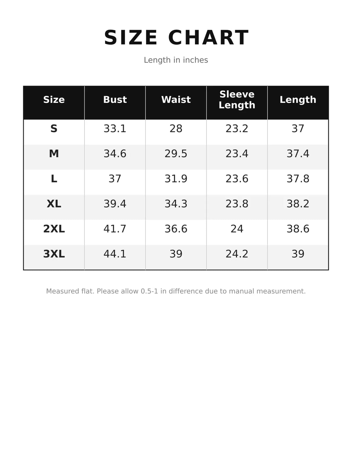Dress size chart showing length in inches, sizes S to 3XL with bust and waist