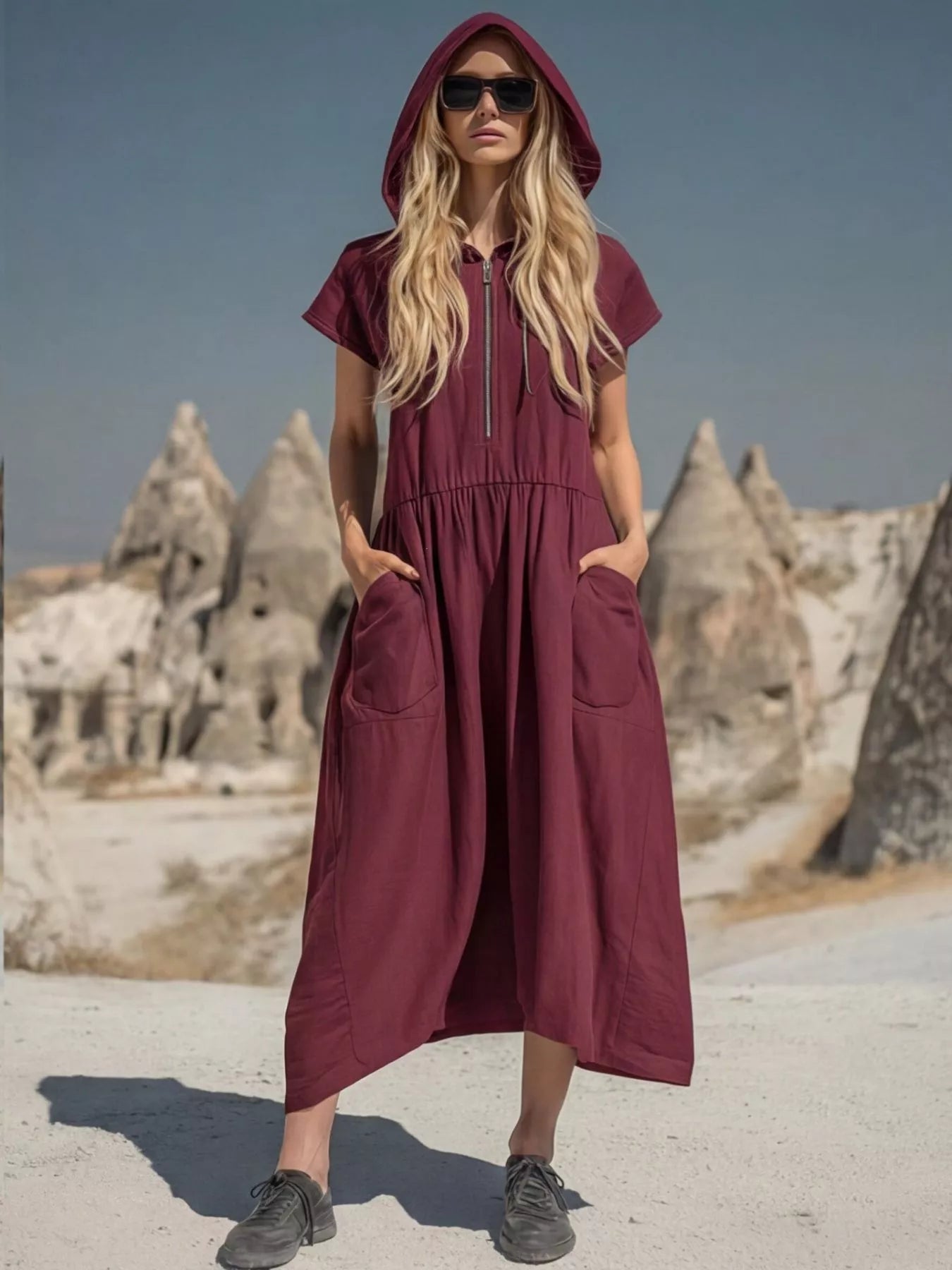 Burgundy hooded midi dress with front zipper and patch side pockets