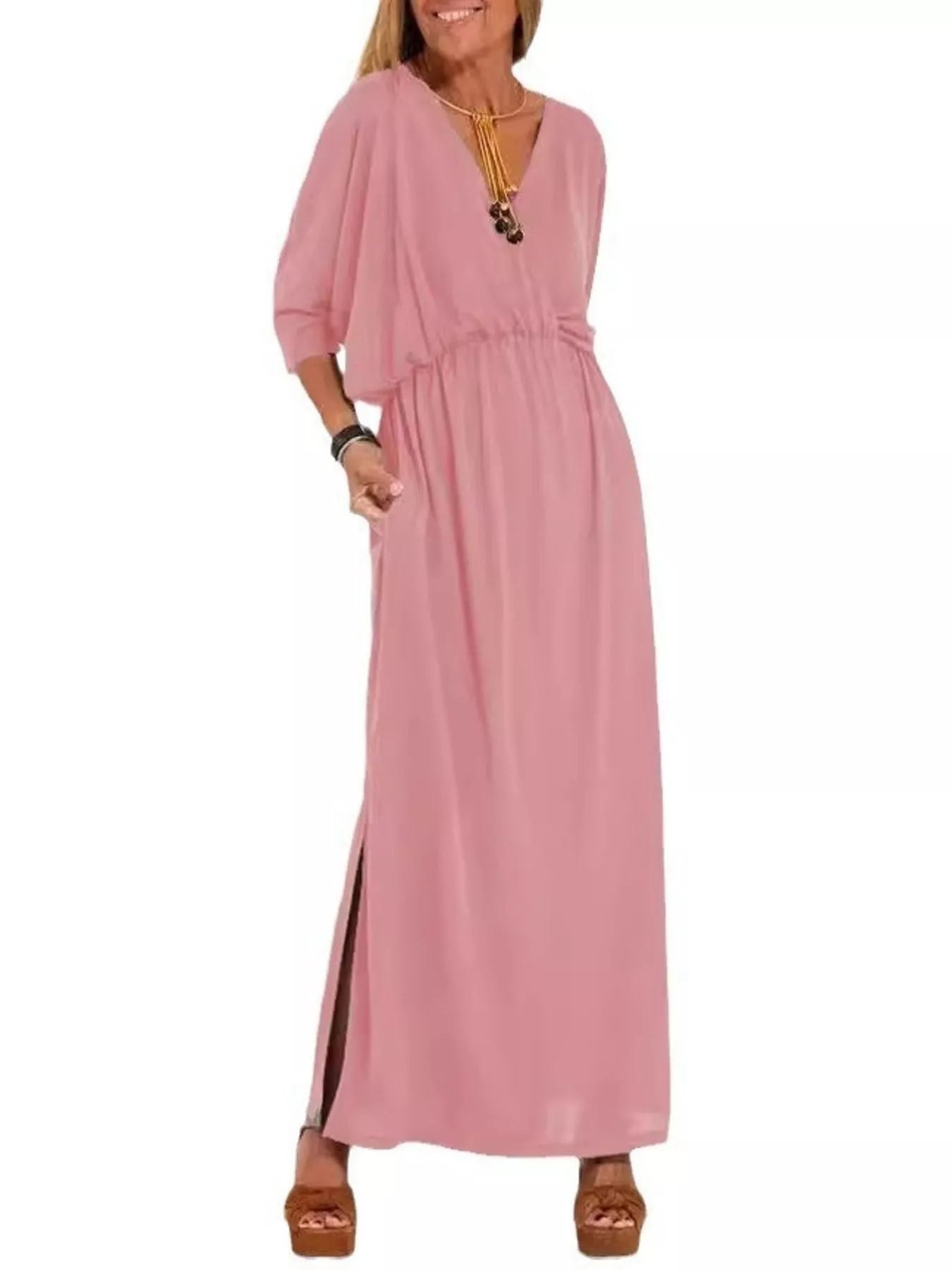 Pink V-neck batwing sleeve maxi dress with side slit and gathered waist