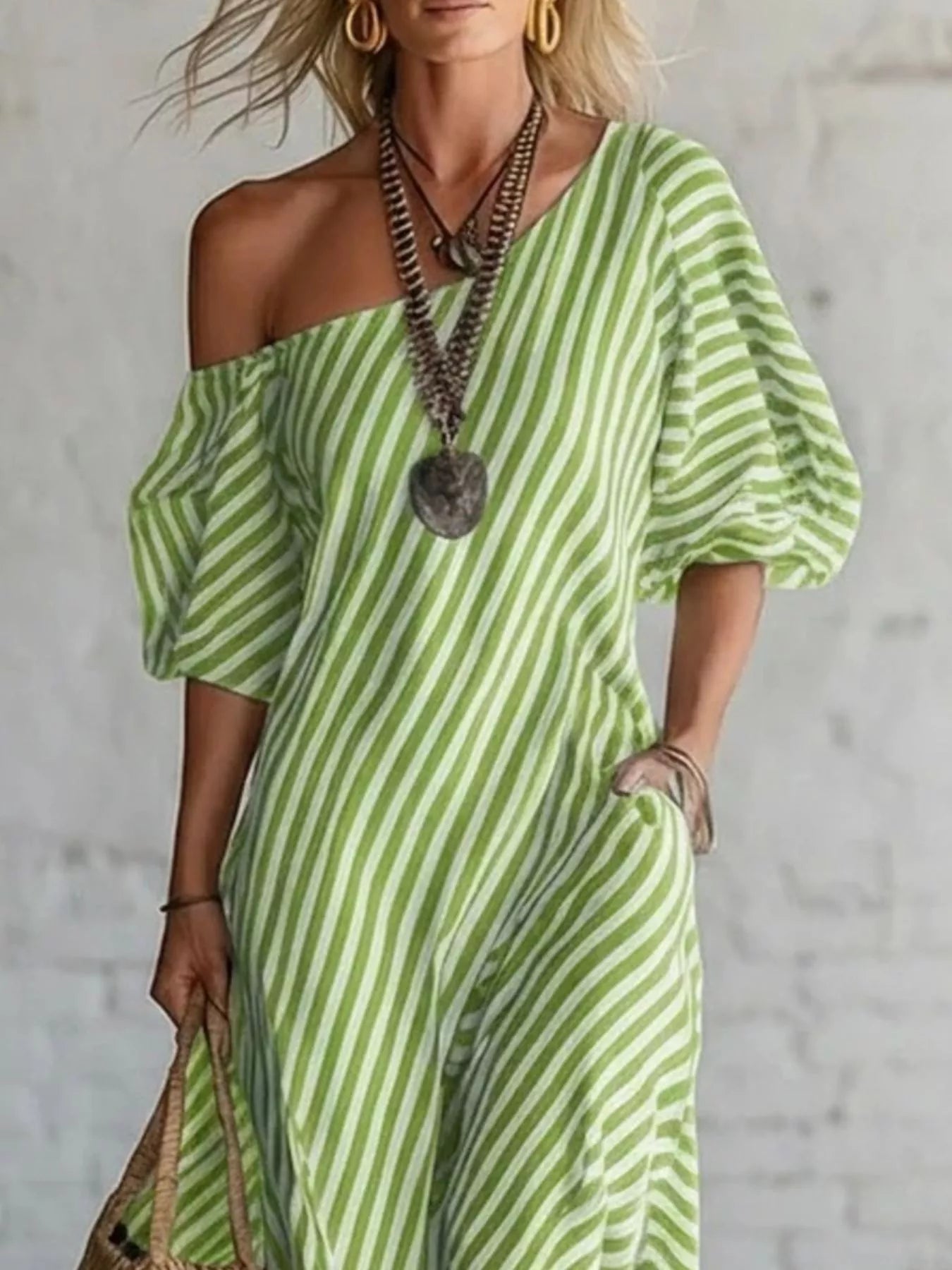 Cedar & Moore Striped one-shoulder maxi dress in green and white, plus size by Trendsi, casual summer style
