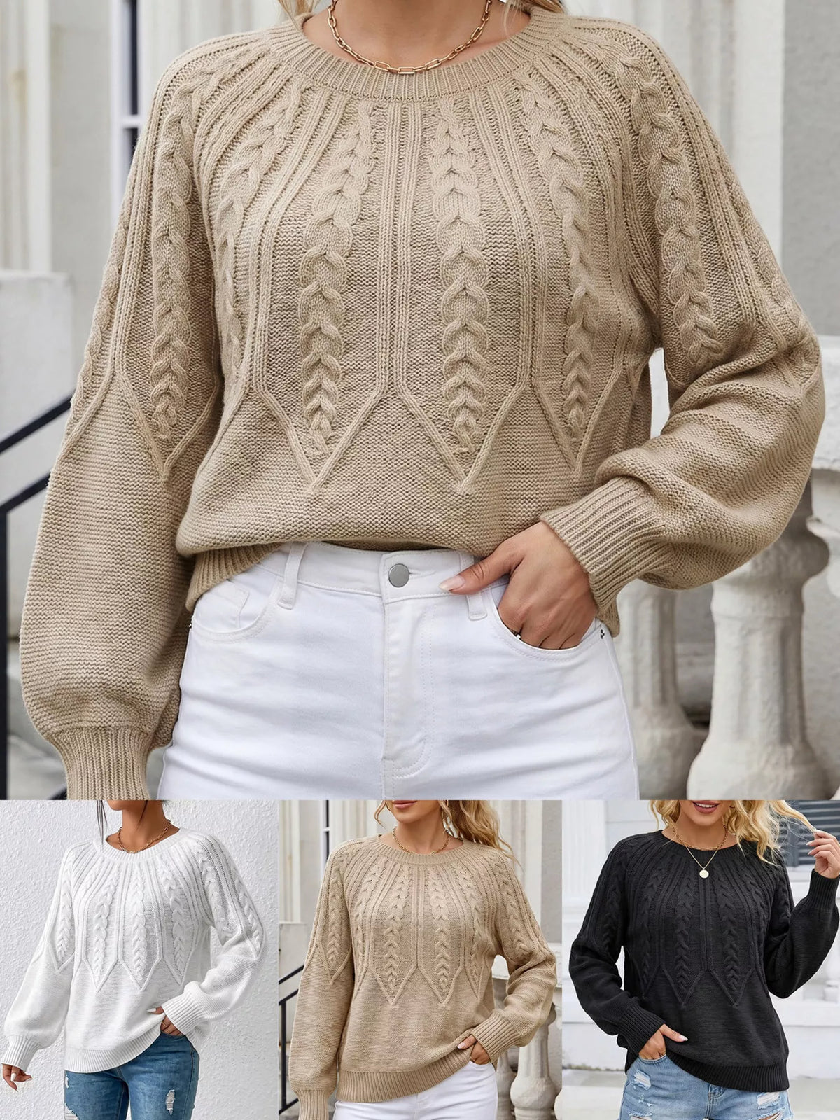 Cable-knit round neck pullover sweater shown in white, camel, and black