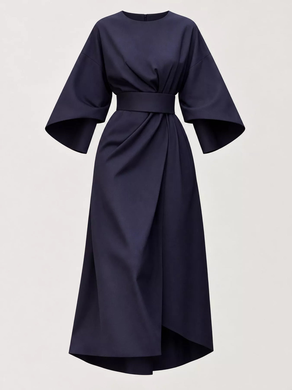 Navy belted midi dress on white background: kimono sleeves and high-waist twist front