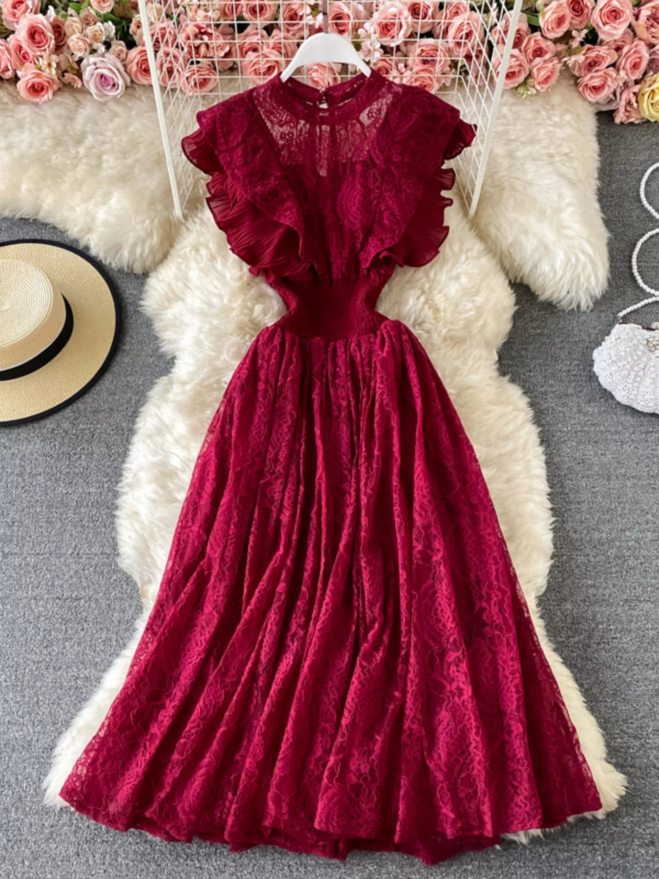 Cedar & Moore Ruffled Mock Neck Lace Maxi Dress in burgundy by Trendsi