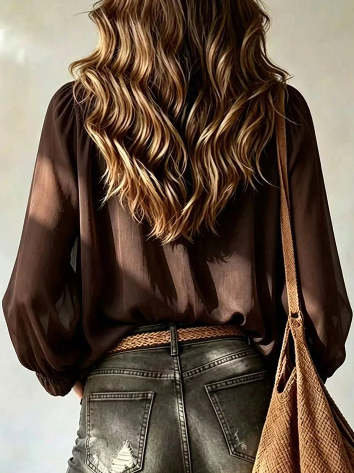 Dark brown ruffle V-neck front-tie blouse with full sleeves and gathered cuffs