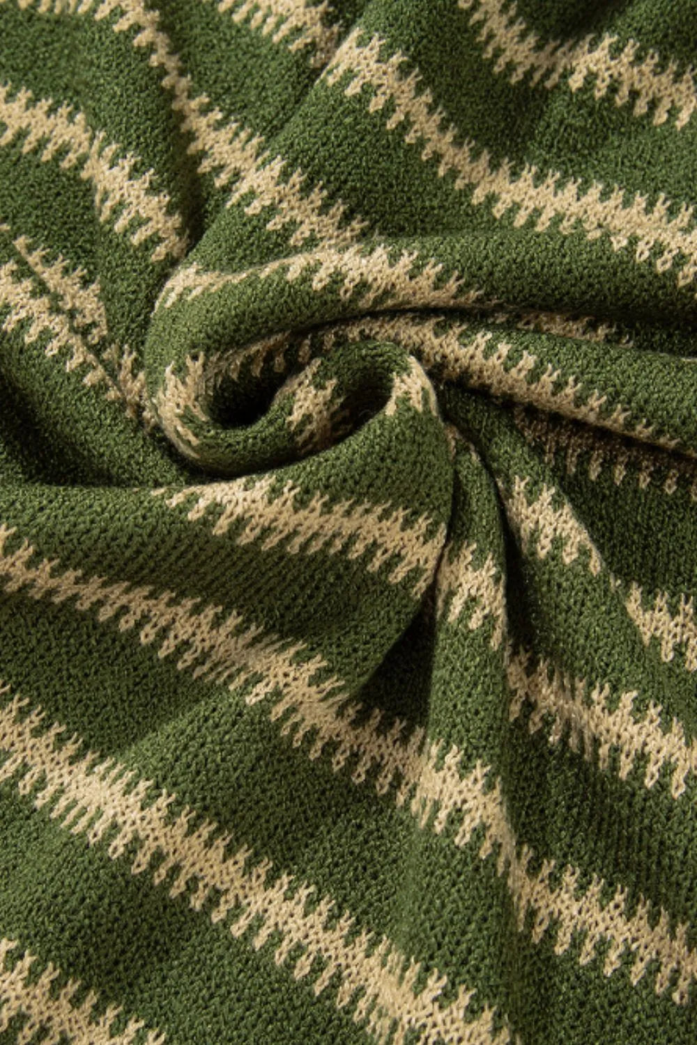 Moss green knit with cream striped pattern, folded sweater fabric detail