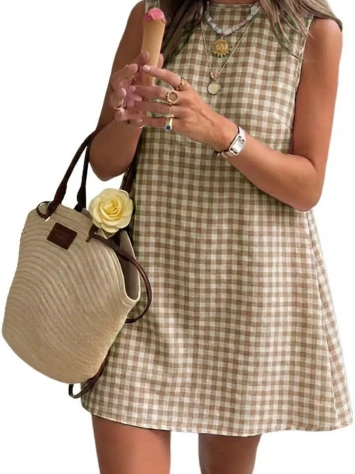 Gingham sleeveless A-line mini dress, beige with light check pattern