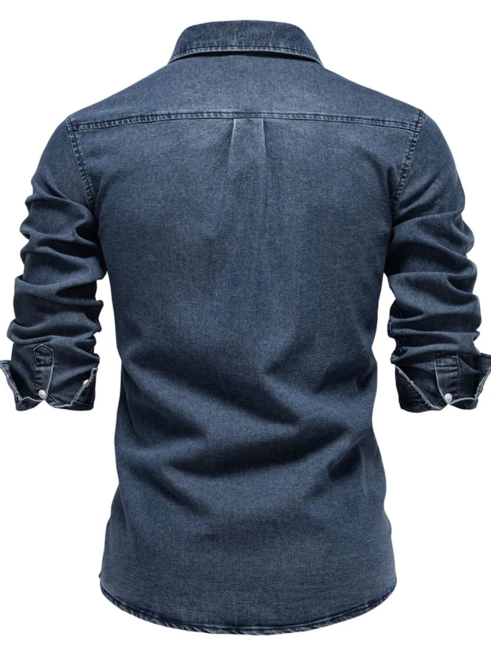 Blue denim button-down shirt back view with pointed yoke seam and long sleeves