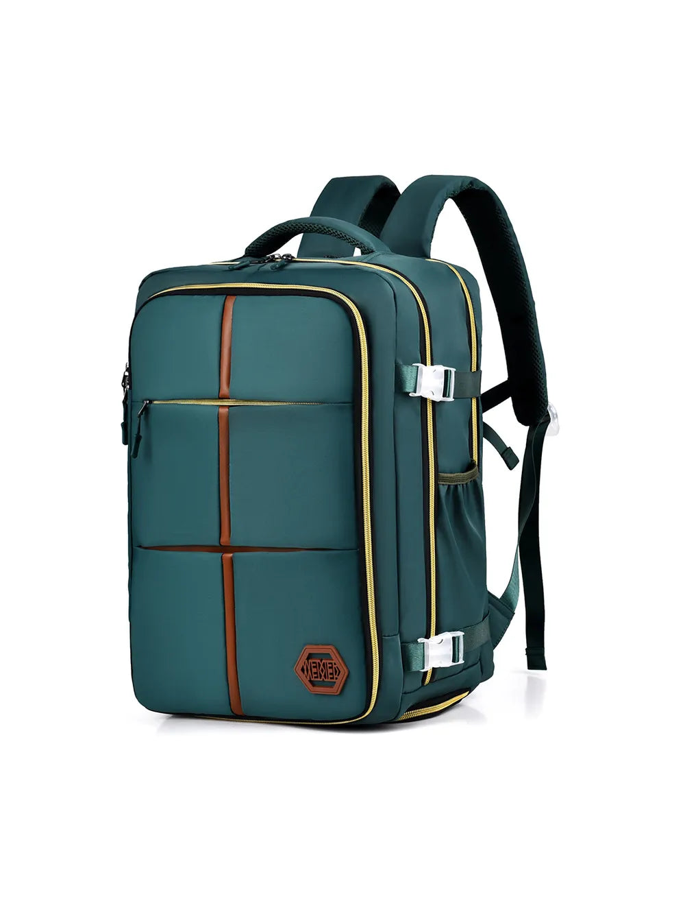Dark green multifunction backpack bag with brown grid stripe, front zip pocket and side straps