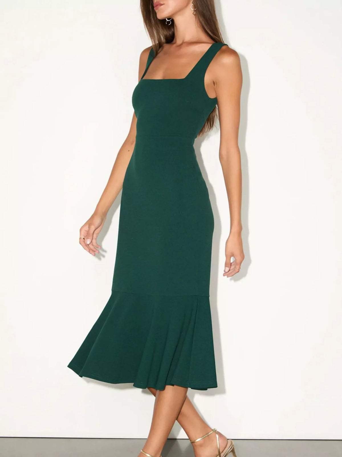 Sleeveless square-neck ruffled midi dress, dark green flared ruffle hem and wide straps