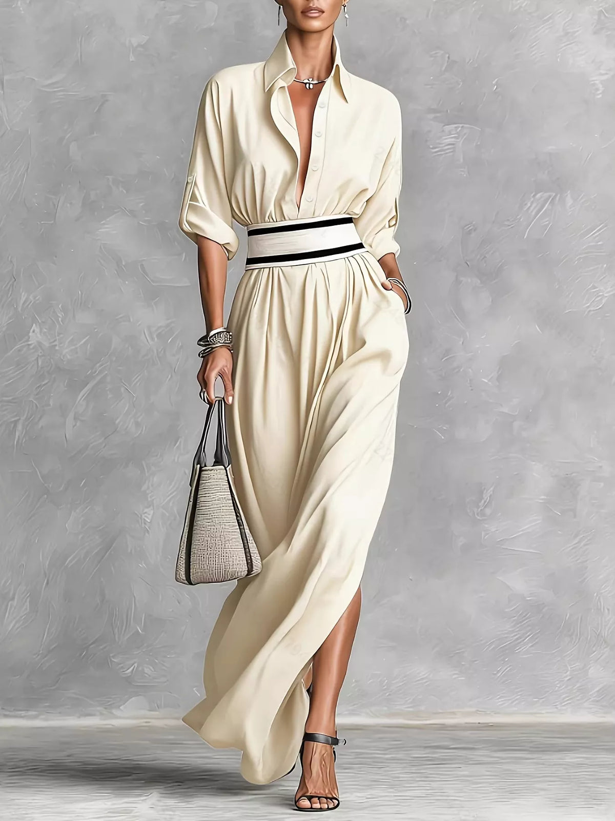 Apricot button-front maxi dress with roll-up sleeves, striped belt, and side slit