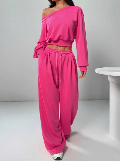 Rose red boat-neck long-sleeve top with drawstring pants set