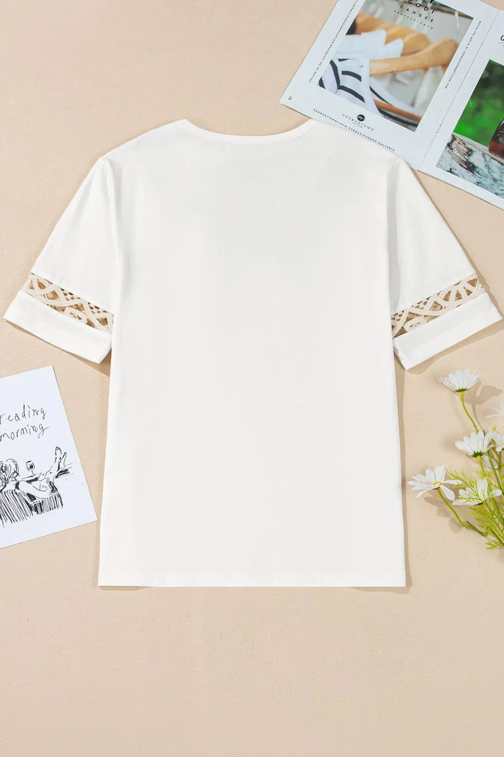 Cedar & Moore Lace Crochet Crew Neck Casual T Shirt white with lace sleeve trim