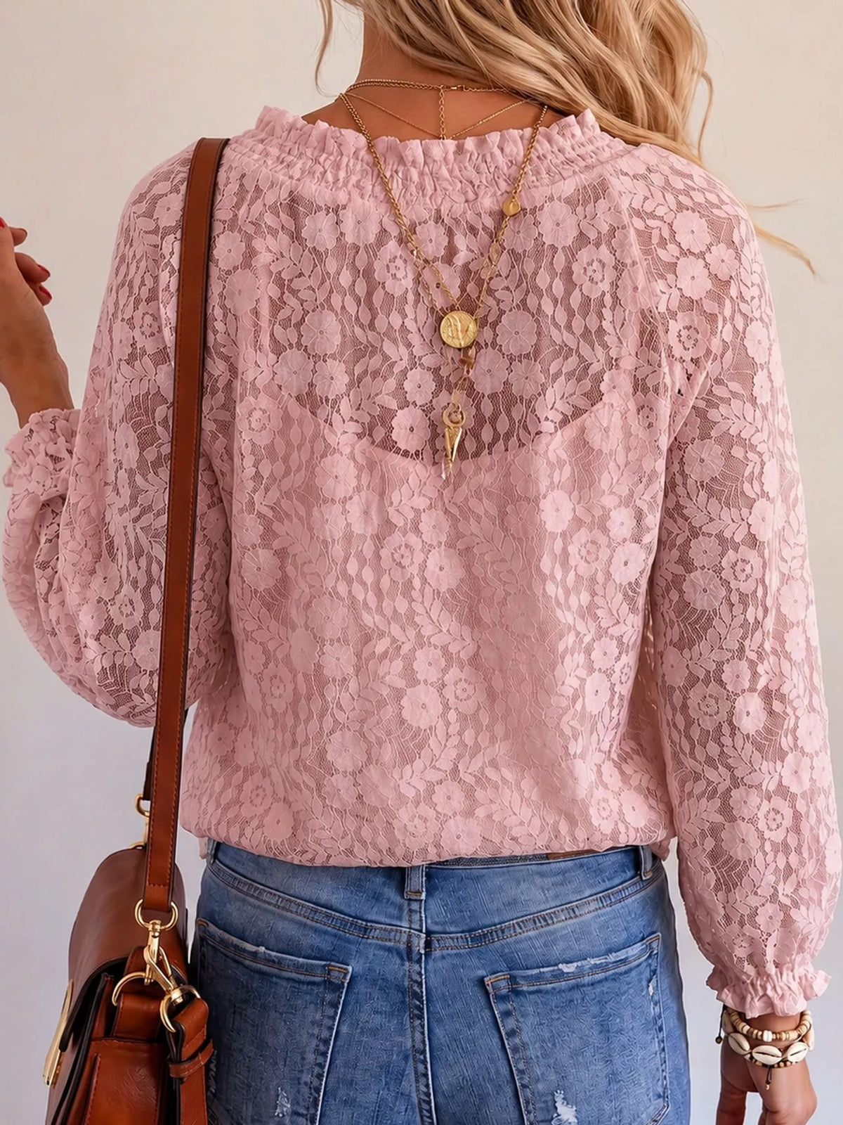 Pink openwork lace long-sleeve blouse, relaxed fit, scoop back