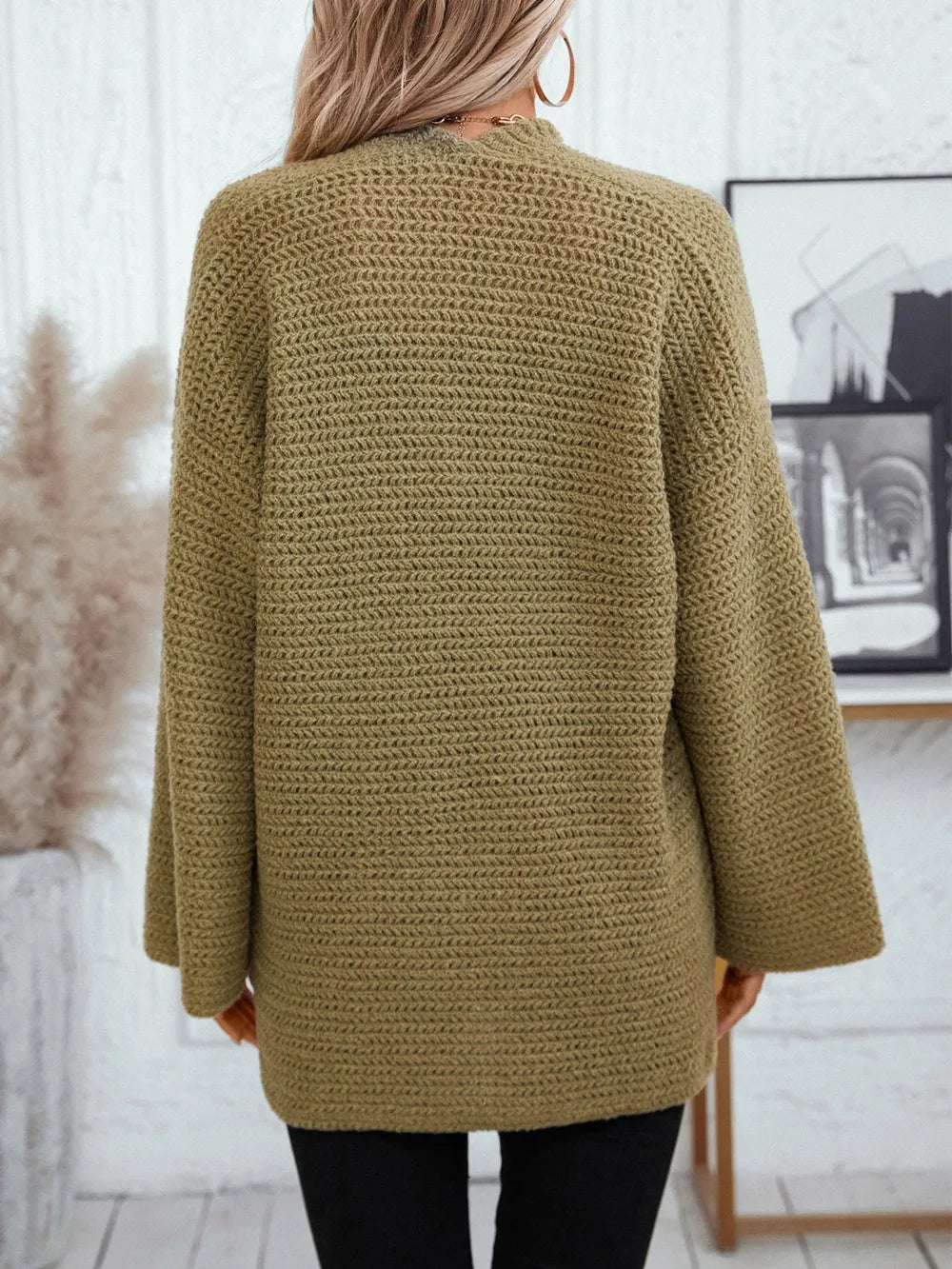 Moss open-front long sleeve cardigan, back view, textured knit drape
