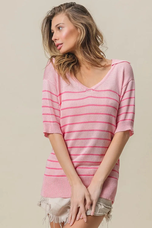 Pink striped V-neck knit top with short sleeves and scalloped edge collar