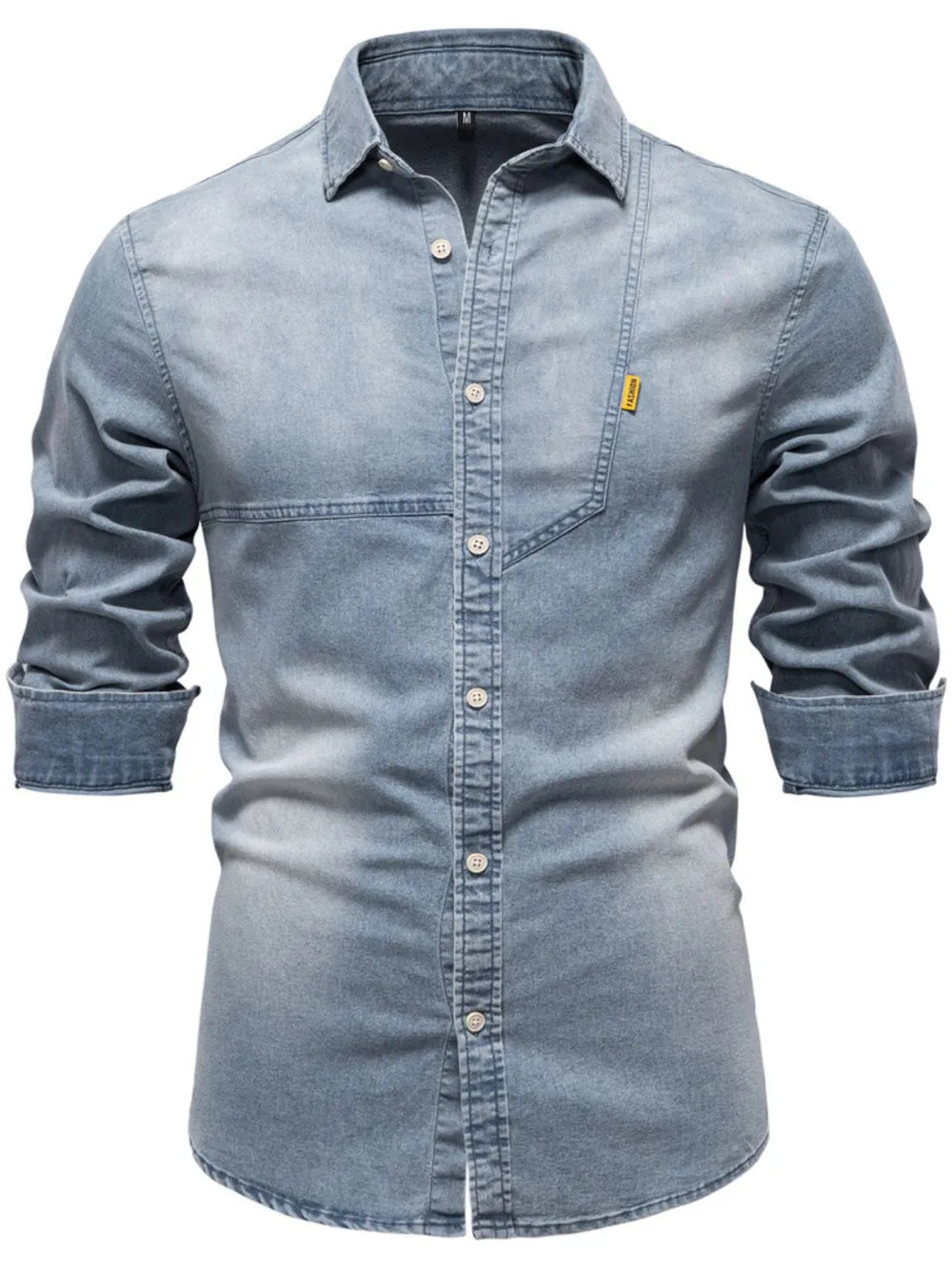 Light blue denim button-down shirt with pointed collar, front buttons, and chest pocket